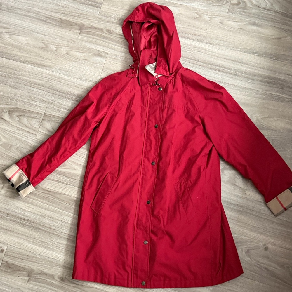 Burberry Brit Red Hooded Raincoat with Wool Blend Removable Lining Vest